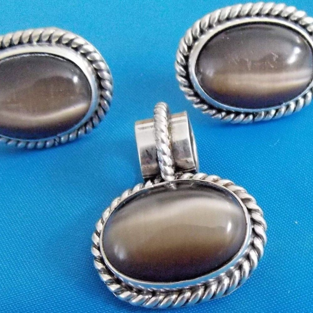 VINTAGE sterling silver PENDANT and EARRINGS Tiger's Eye Jewelry